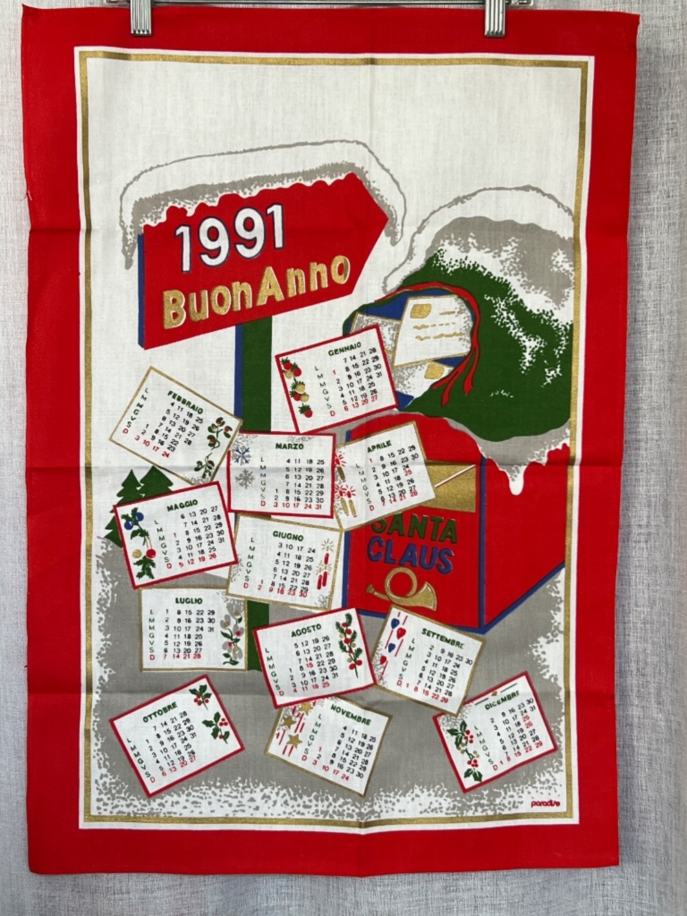 90's Christmas Tea Towel Calendar 20" x 28.5" 100% Cotton Mail Paradise